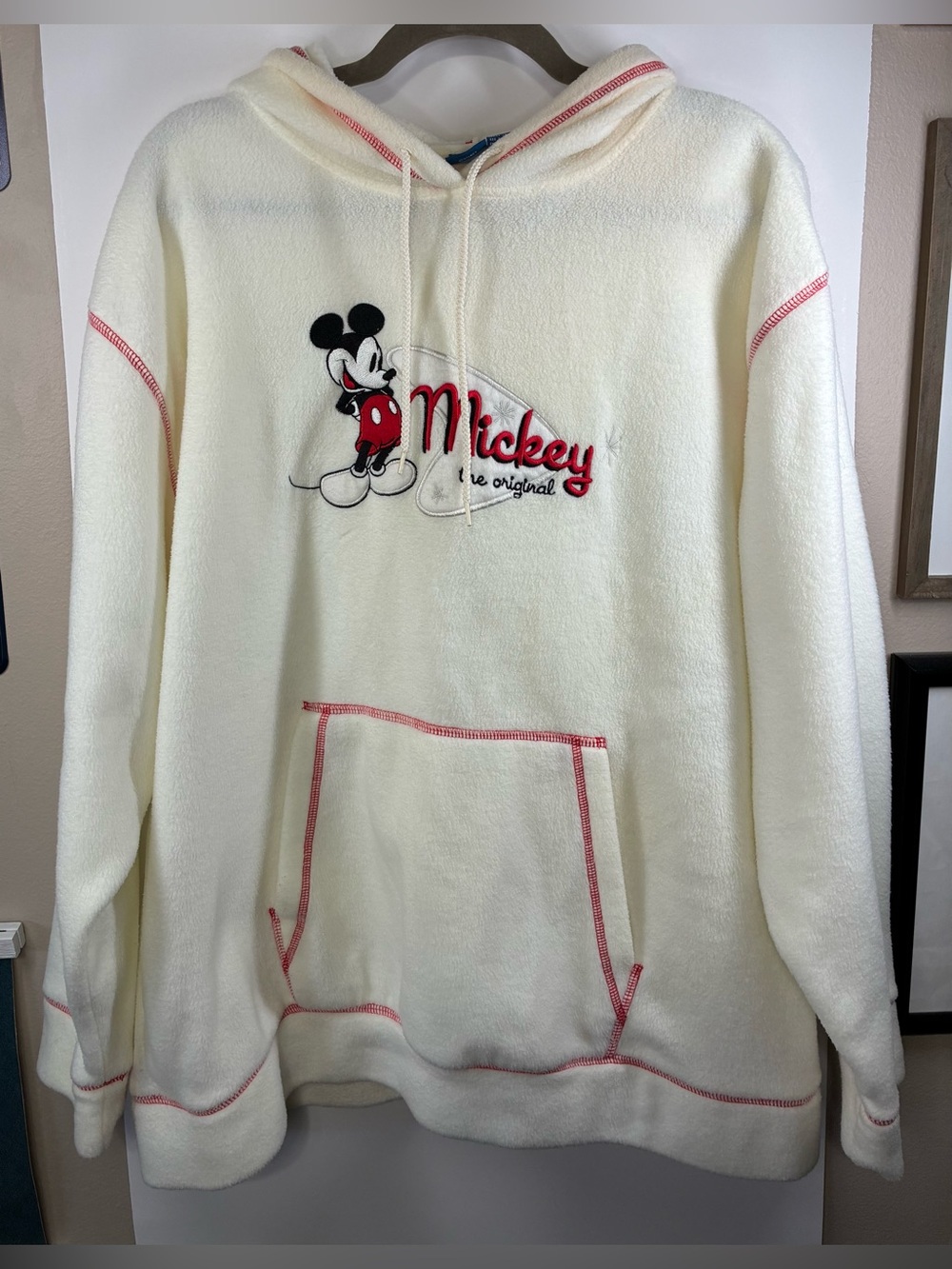 Disney Mickey Mouse The Original Ivory Fleece Hoodie Red Stitch Pullover XL